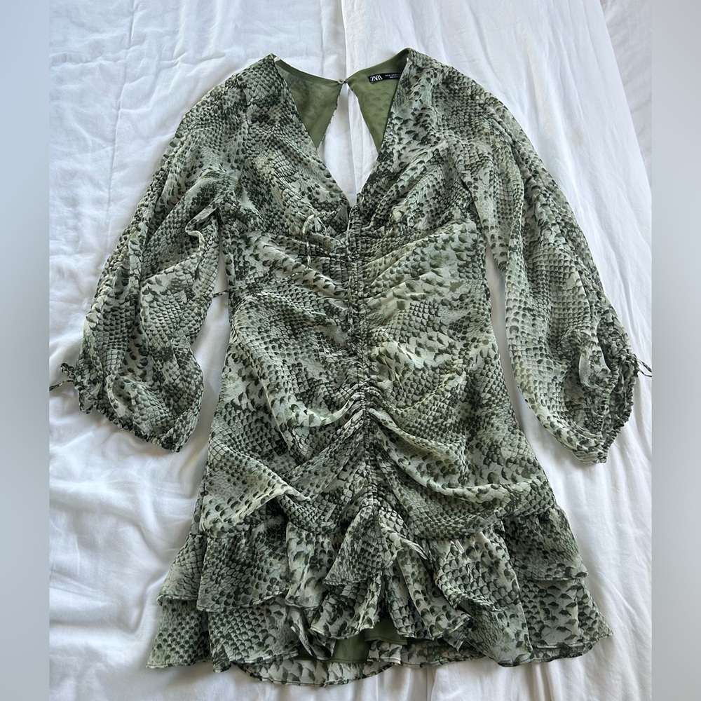 Zara Olive Ruffle Mini Dress - Picture 4 of 6
